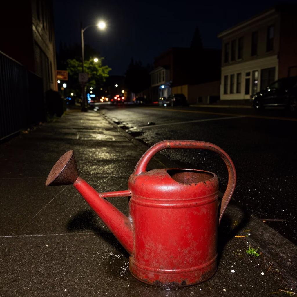 Nighttime Portland Oregon Street Scene with Rusty Watering Can and Urban Decay in in Portland, Oregon, United States