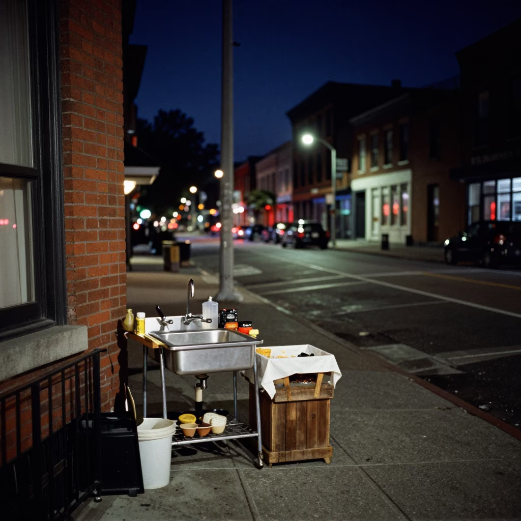 Nighttime Portland Oregon Street Scene with Sink and Paring Knife on Countertop in in Portland, Oregon, United States