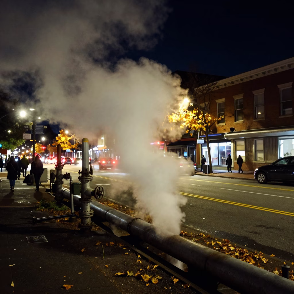 Nighttime Portland Oregon Street Scene with Steam Pipes and Autumn Leaves in in Portland, Oregon, United States