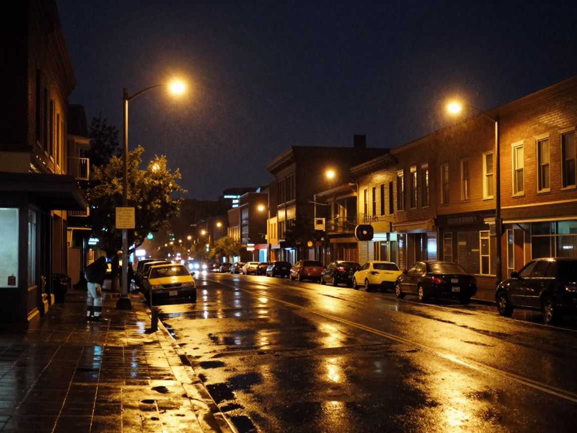 Nighttime Portland Oregon Street Scene with Vintage 1970s Aesthetic and Local Elements in in Portland, Oregon, United States