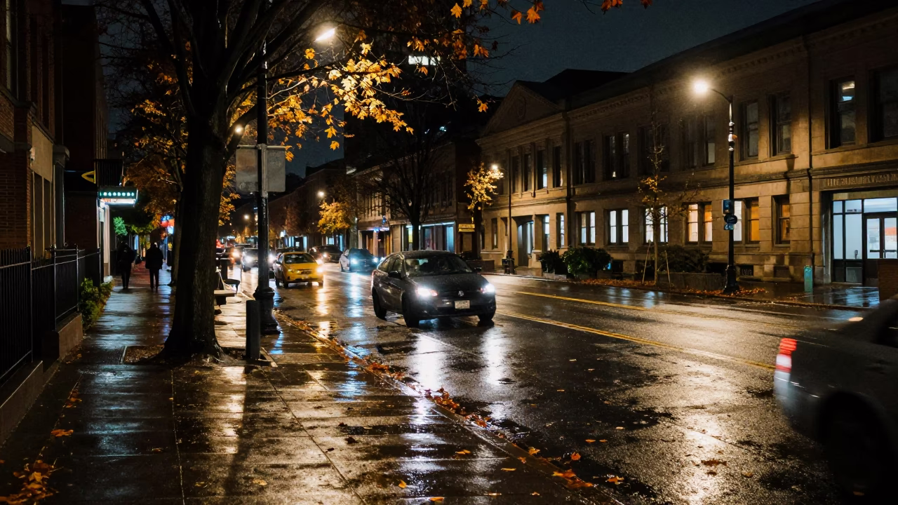 Nighttime Portland Oregon Street Scene with Wet Leaves and Car Headlight Streaks in in Portland, Oregon, United States