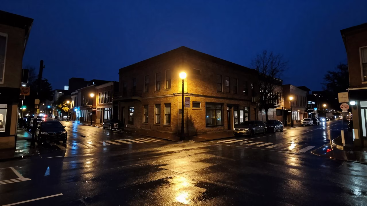 Nighttime Portland Oregon Street Scene with Wet Pavement Reflections and Vintage Car in in Portland, Oregon, United States