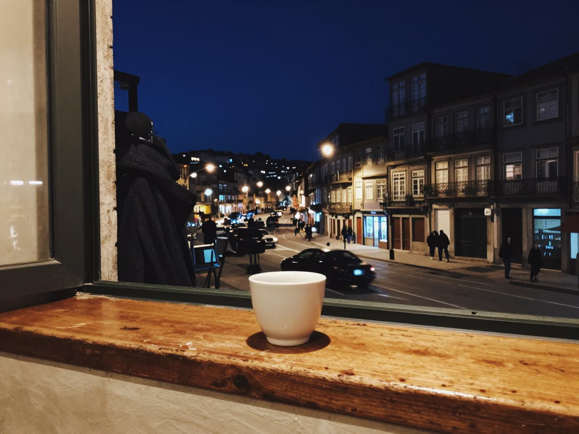 Nighttime Porto Portugal Street Scene with Ceramic Cup and Coat Hook in Traditional Interior in in Porto, Portugal