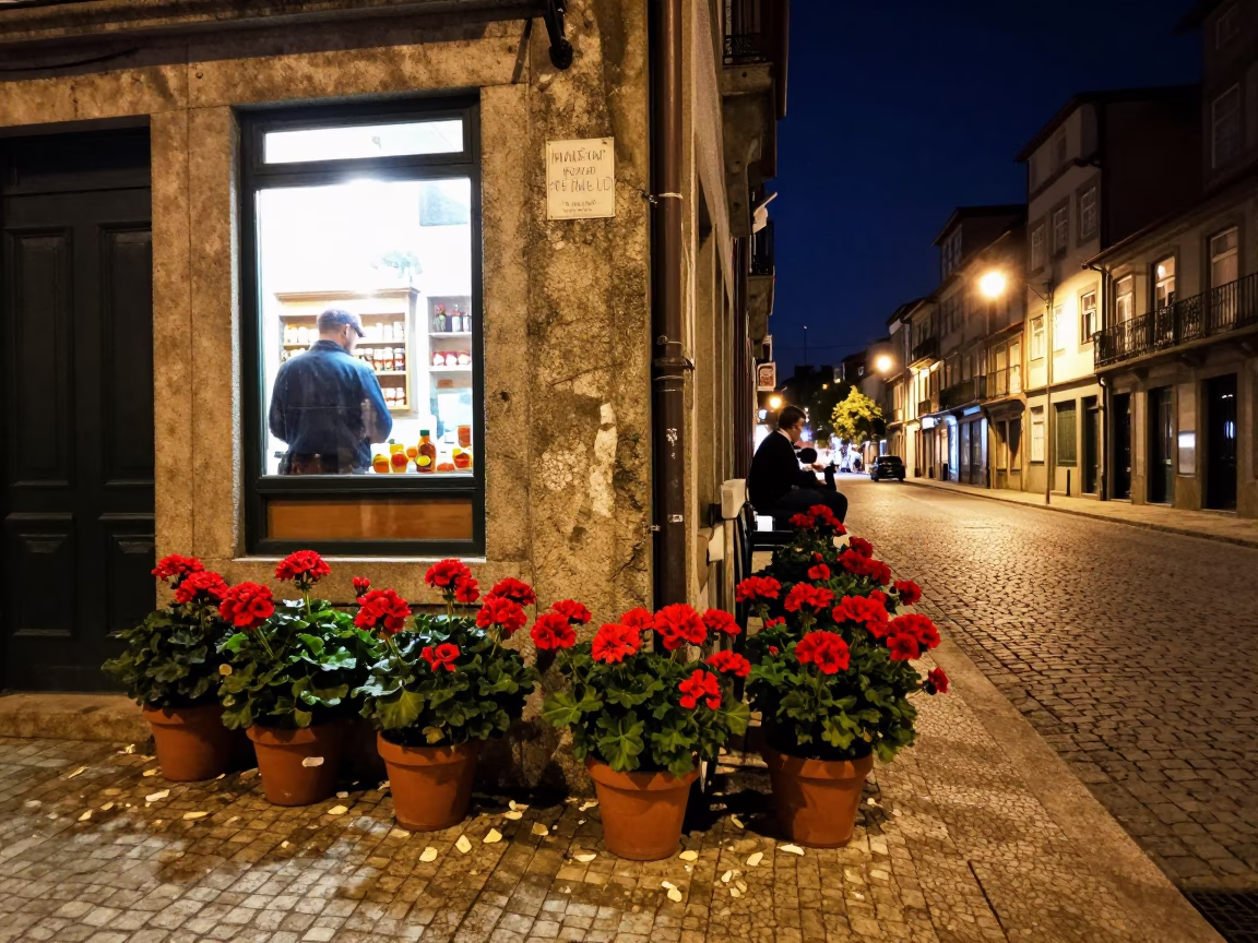 Nighttime Porto Portugal Street Scene with Potted Geraniums and Cobblestone Architecture in in Porto, Portugal