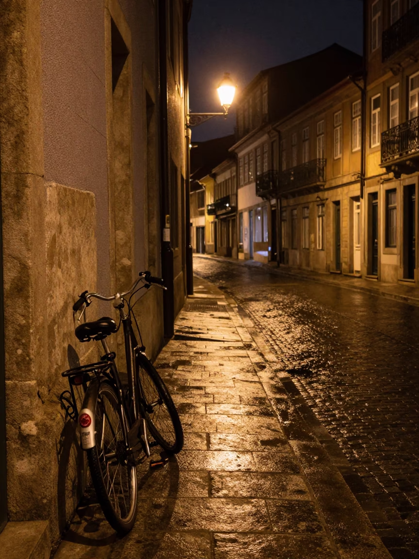 Nighttime Porto Street Scene with Bicycle and Carafe on Cobblestones in in Porto, Portugal