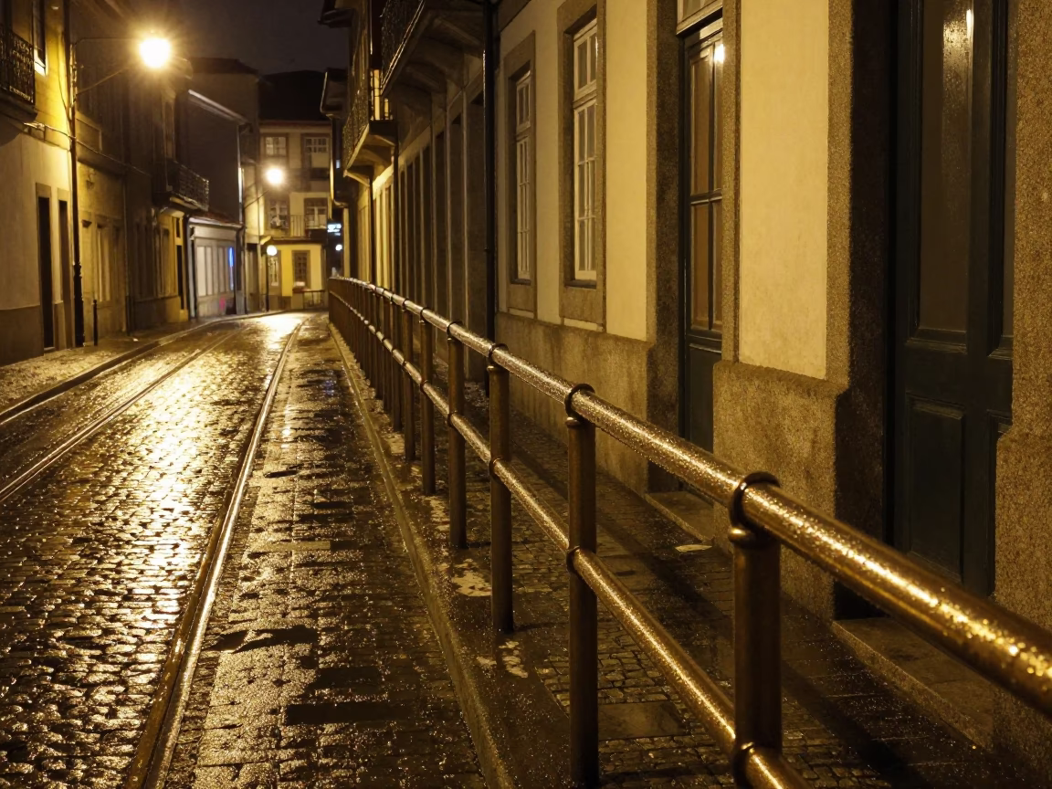 Nighttime Porto Street Scene with Condensation on Rail and Urban Details in in Porto, Portugal