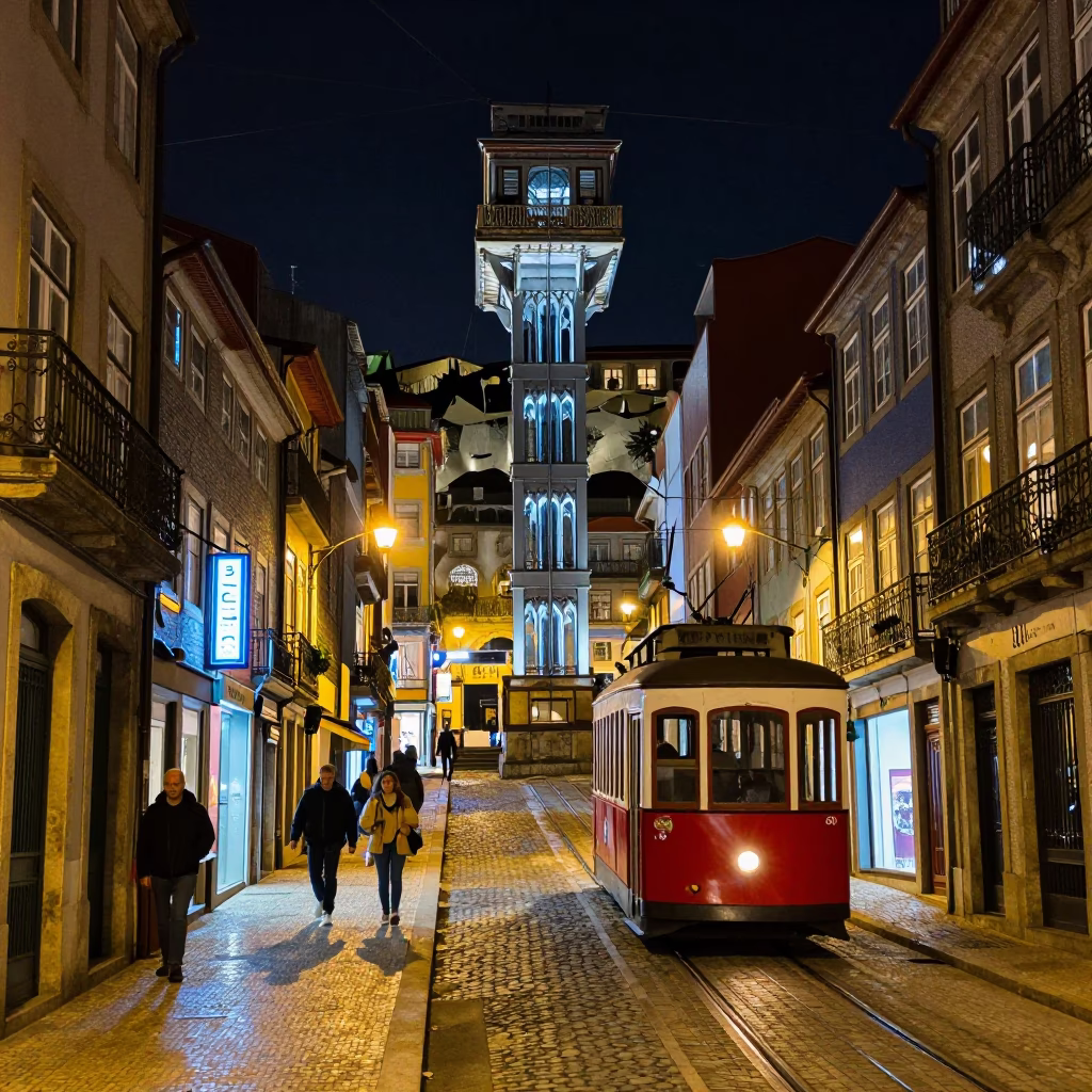 Nighttime Porto Street Scene with Illuminated Funicular and Colorful Neon Signs in in Porto, Portugal