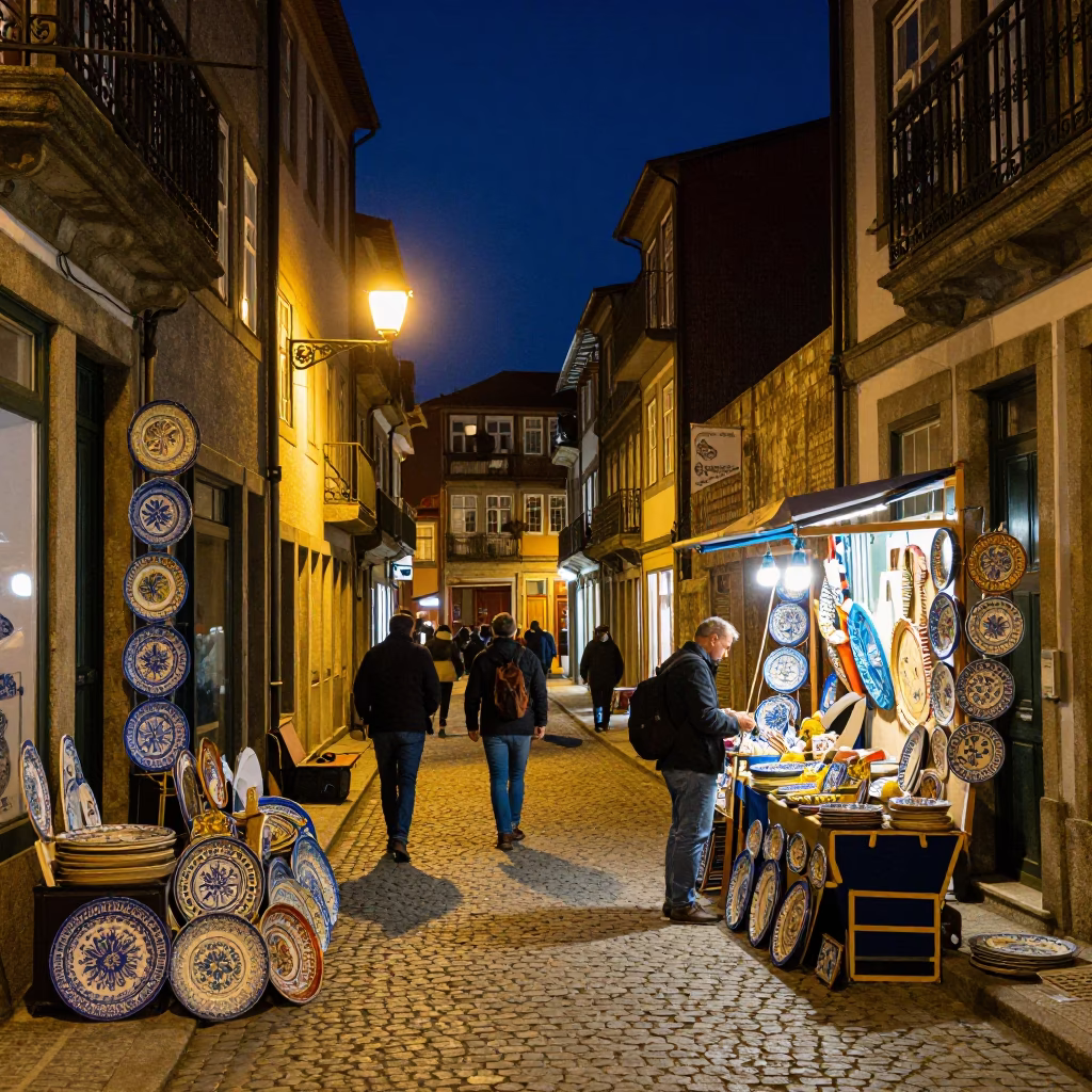 Nighttime Porto Street Scene with Majolica Plates and Local Life in Portugal in in Porto, Portugal