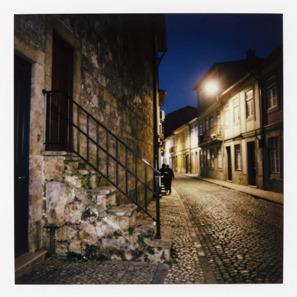 Nighttime Porto Street Scene with Stair Rail and Local Life in Portugal in in Porto, Portugal