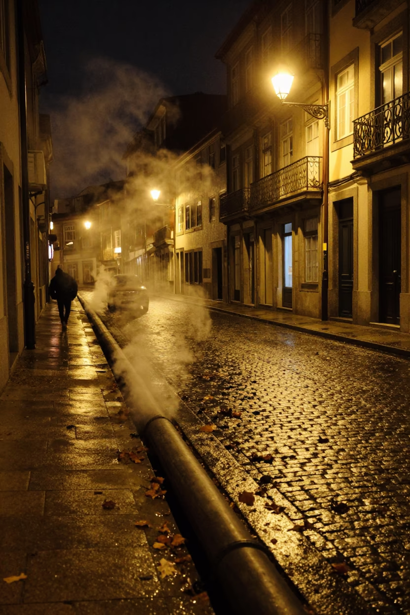 Nighttime Porto Street Scene with Steaming District Heating Pipe and Fruit Vendor Stall in in Porto, Portugal