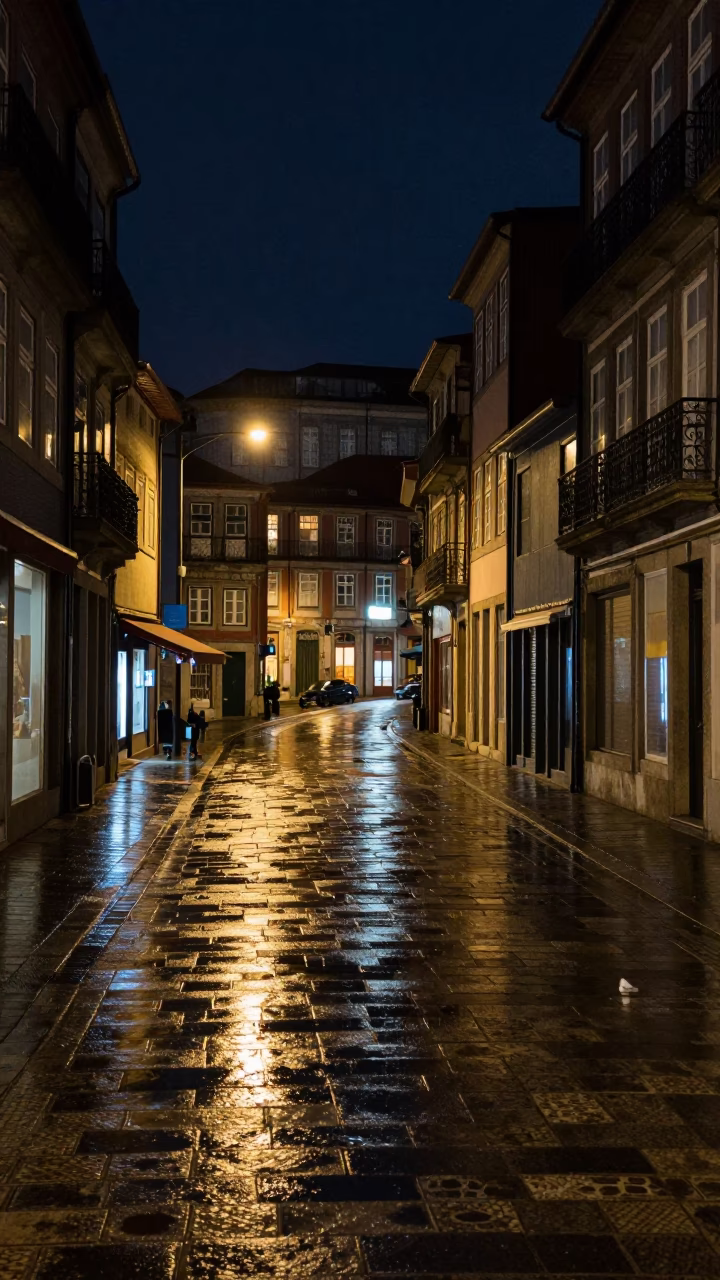 Nighttime Porto Street Scene with Wet Pavement Reflections and Distant City Lights in in Porto, Portugal