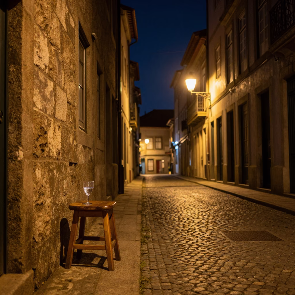 Nighttime Porto Street Scene with Wooden Stool and Glass Hinge Detail in in Porto, Portugal