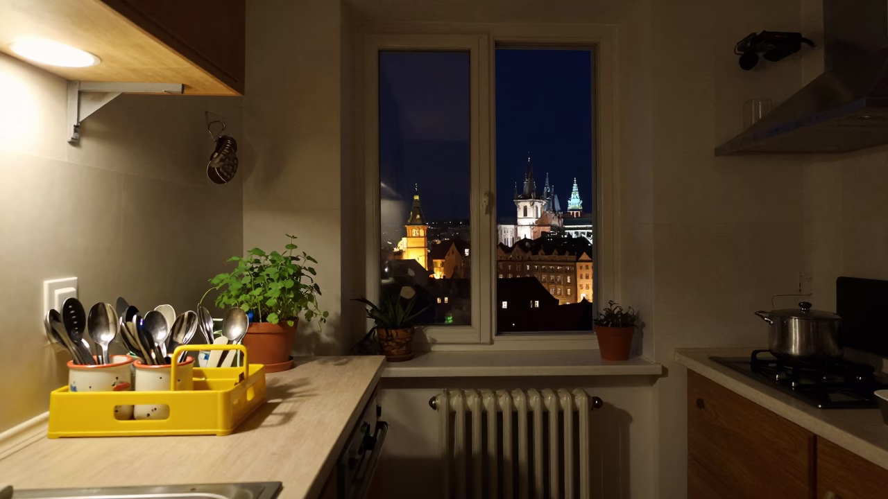 Nighttime Prague Interior with Vintage Decor and Urban View in in Prague, Czech Republic