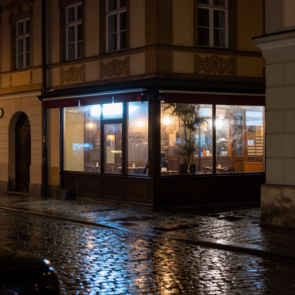 Nighttime Prague Street Scene with Condensation on Glass and Metal Bucket in in Prague, Czech Republic