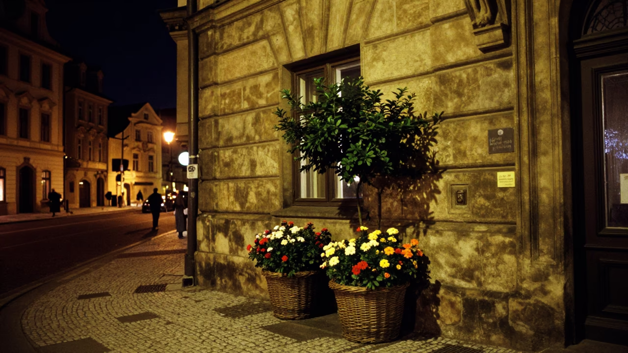 Nighttime Prague Street Scene with Flowering Plants and Wicker Basket in in Prague, Czech Republic