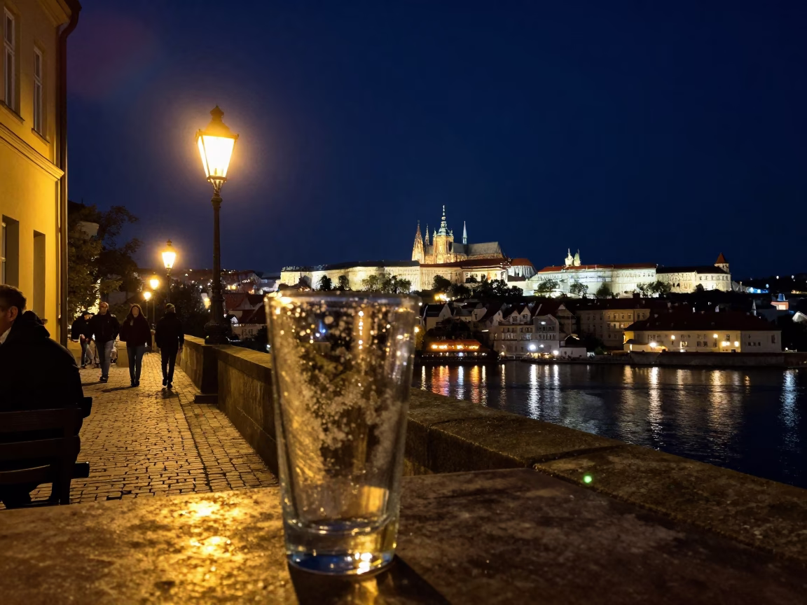 Nighttime Prague Street Scene with Glass Tumbler and Condensation on Chair Rung in in Prague, Czech Republic