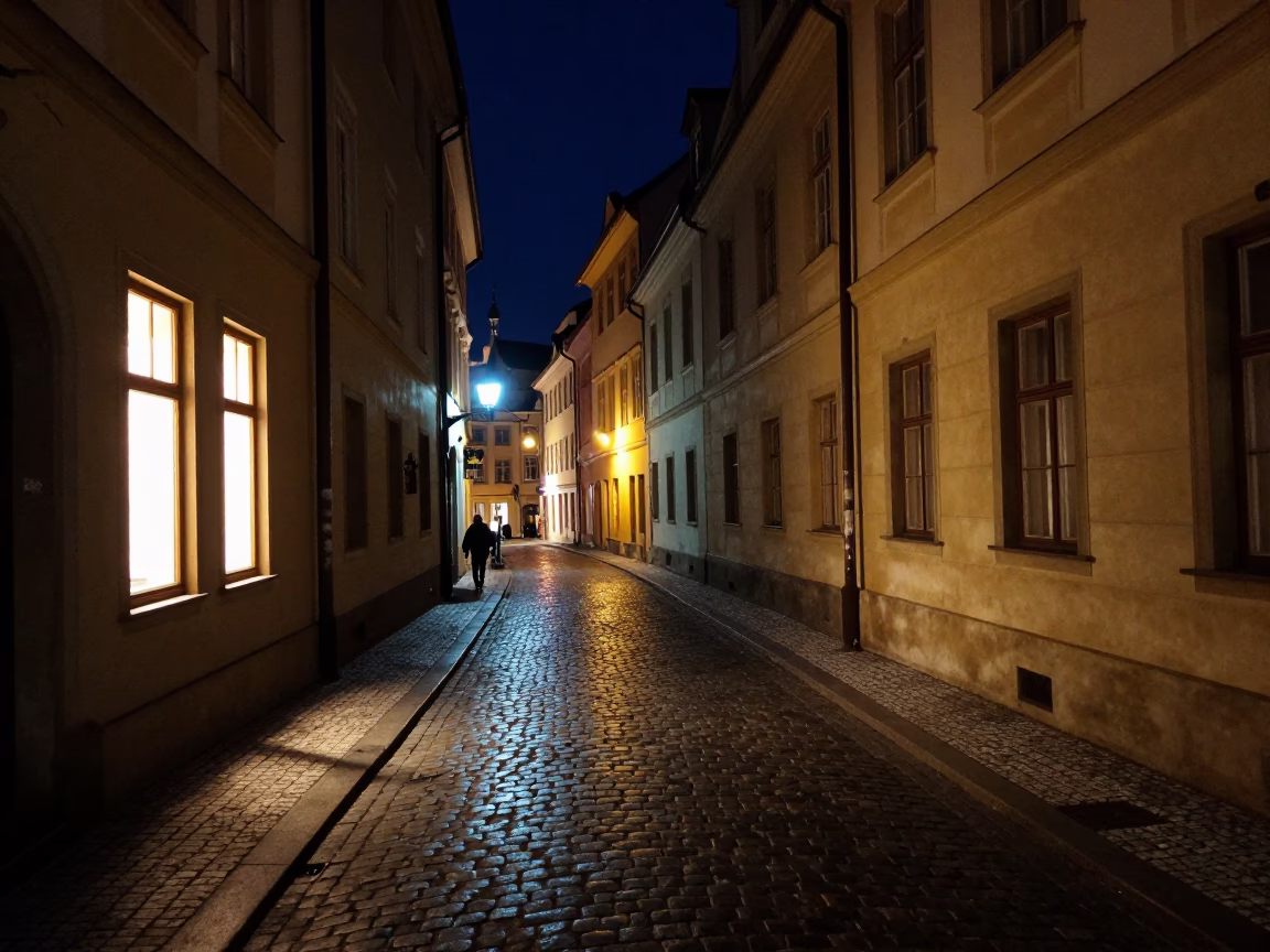 Nighttime Prague Street Scene with Neon Reflections and Urban Activity in in Prague, Czech Republic