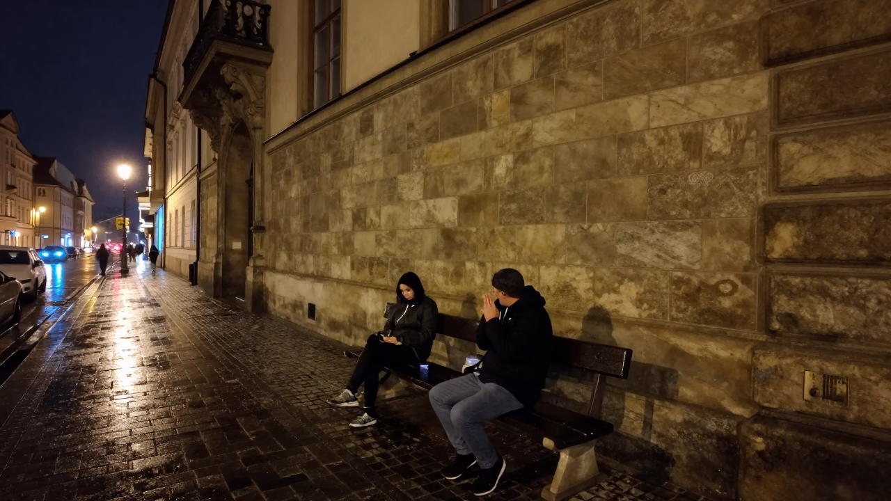 Nighttime Prague Street Scene with Rain on Bench and Doorframe in Czech Republic in in Prague, Czech Republic