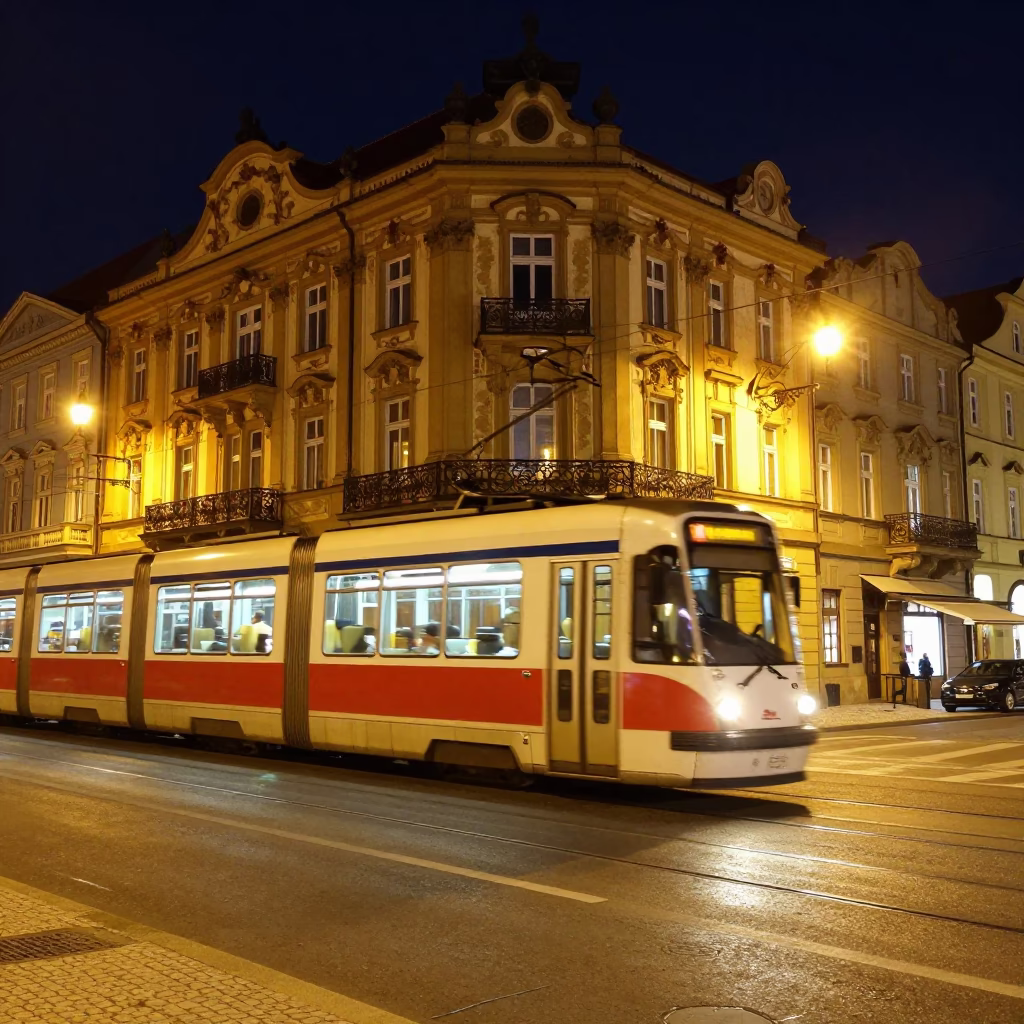 Nighttime Prague Street Scene with Rattling Tram Passing Art Nouveau Facades in in Prague, Czech Republic