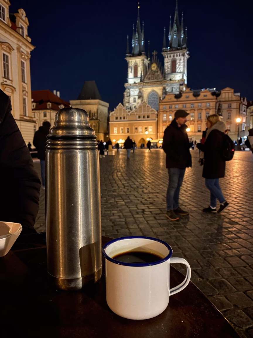Nighttime Prague Street Scene with Thermos and Enamel Mug on Cobblestone in in Prague, Czech Republic