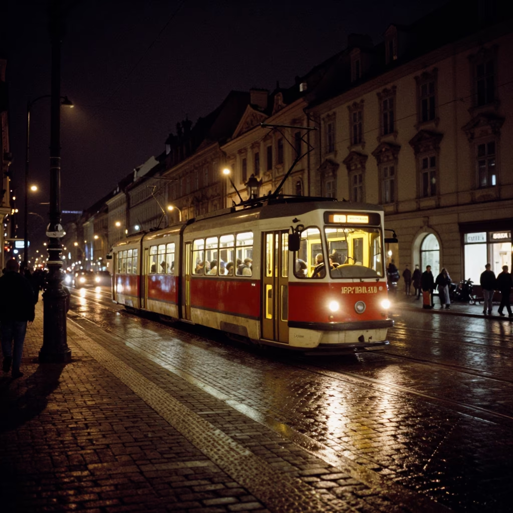 Nighttime Prague Street Scene with Tram and Urban Details in in Prague, Czech Republic