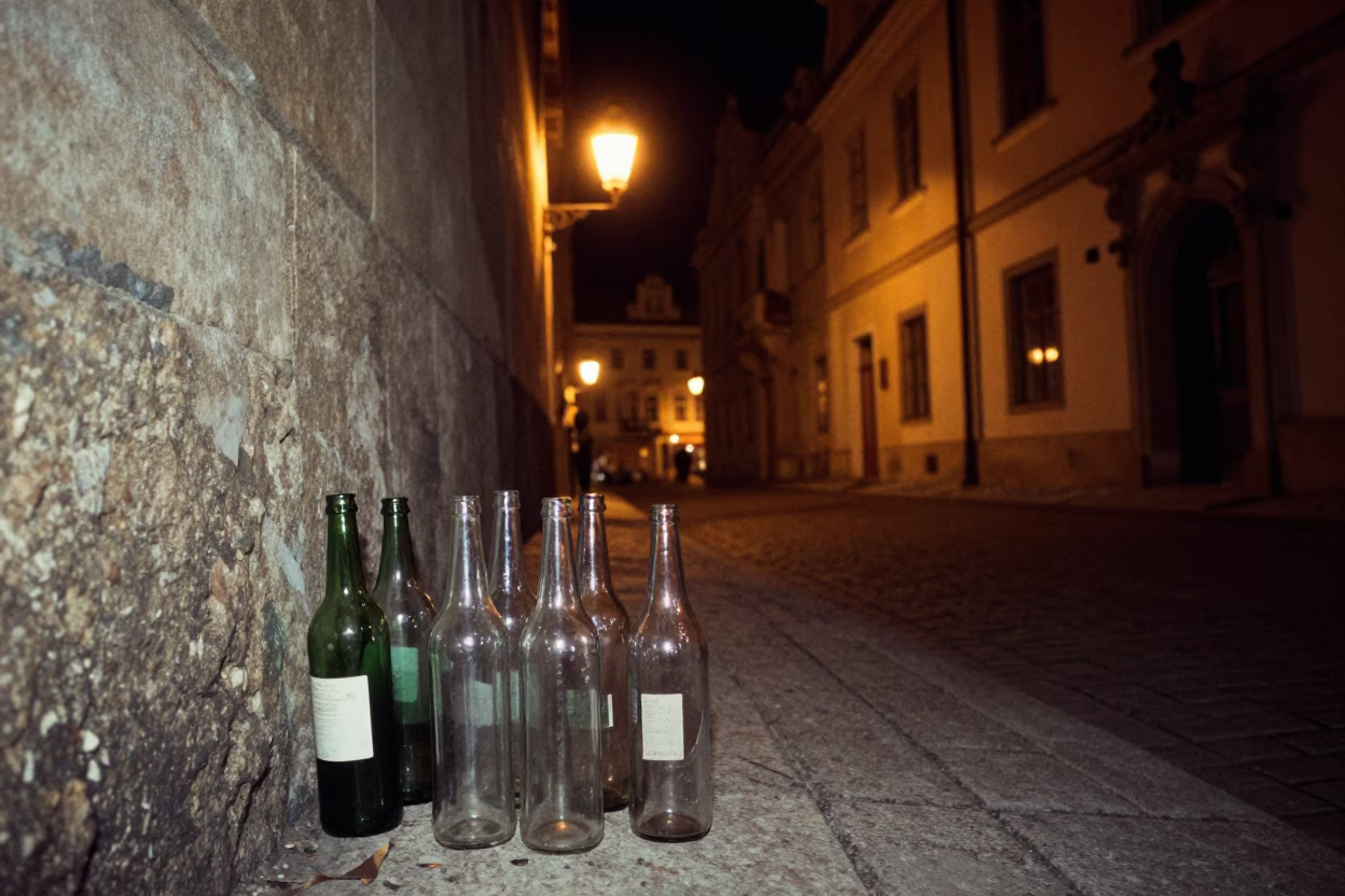 Nighttime Prague Street Scene with Vintage Glass Bottles and Cobblestone Alleyway in in Prague, Czech Republic