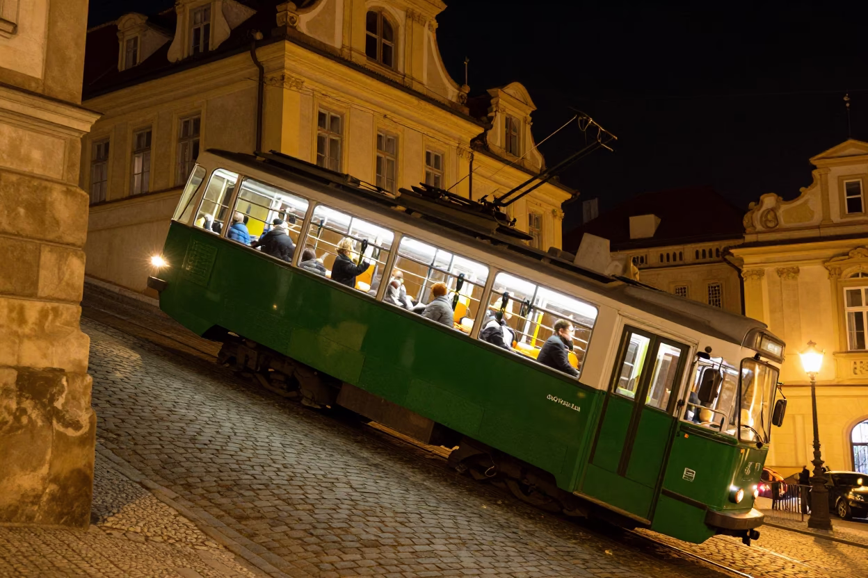Nighttime Prague Tram Climb Historic Architecture Street Scene in in Prague, Czech Republic