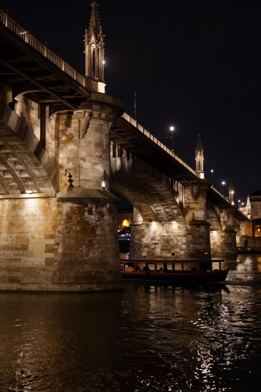 Nighttime Punt Passing Under Gothic Stone Bridge in Budapest Hungary in in Budapest, Hungary