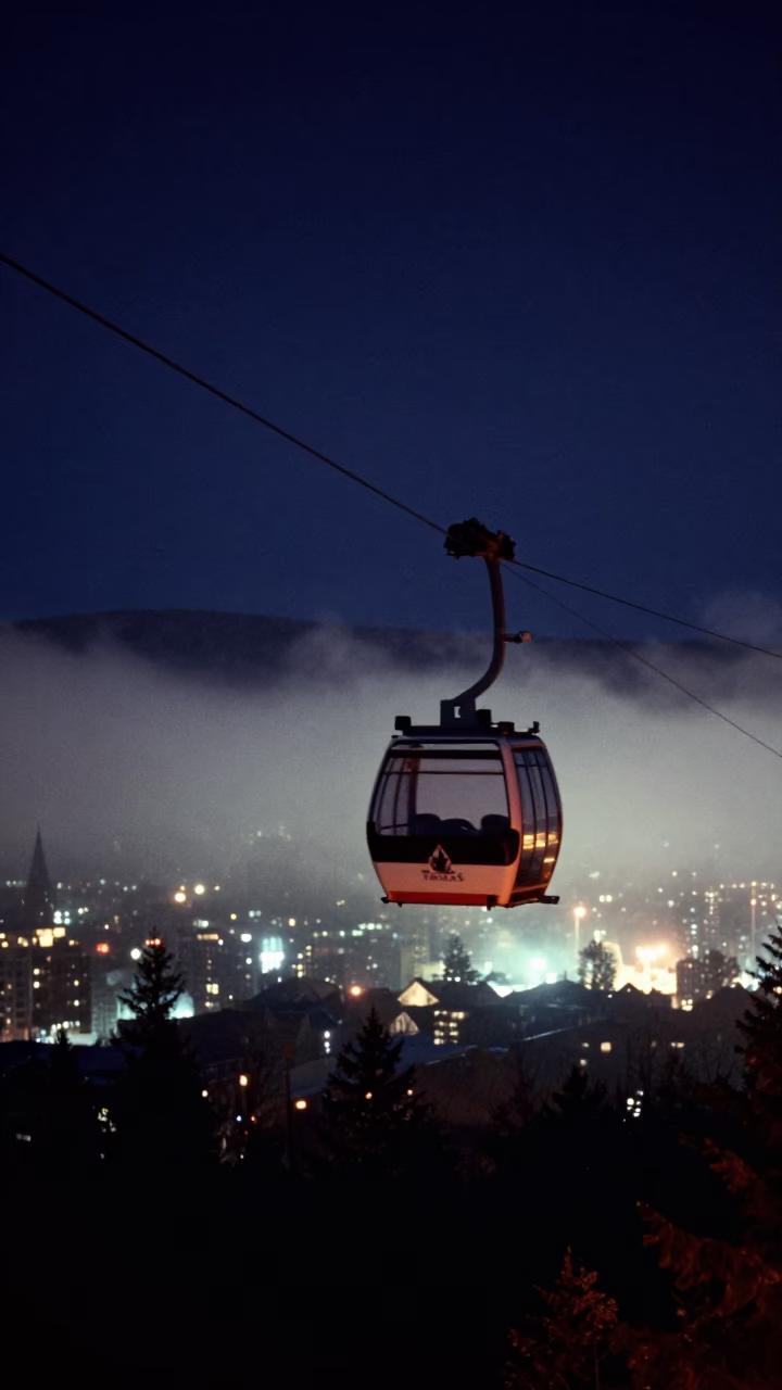 Nighttime Quebec City Aerial Tramway Crossing Foggy Valley Under Deep Starry Sky in in Quebec City, Quebec, Canada