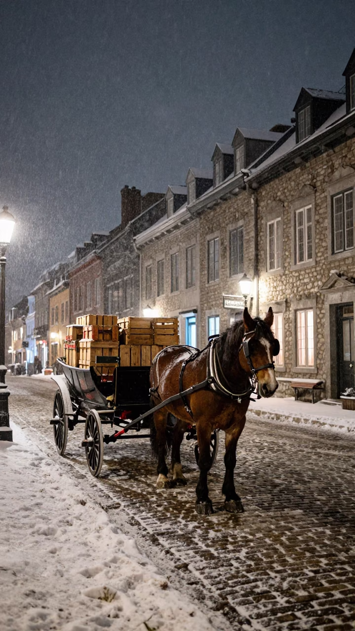 Nighttime Quebec City Cobblestone Street with Horse-Drawn Cart and Pyrenean Shepherd in in Quebec City, Quebec, Canada