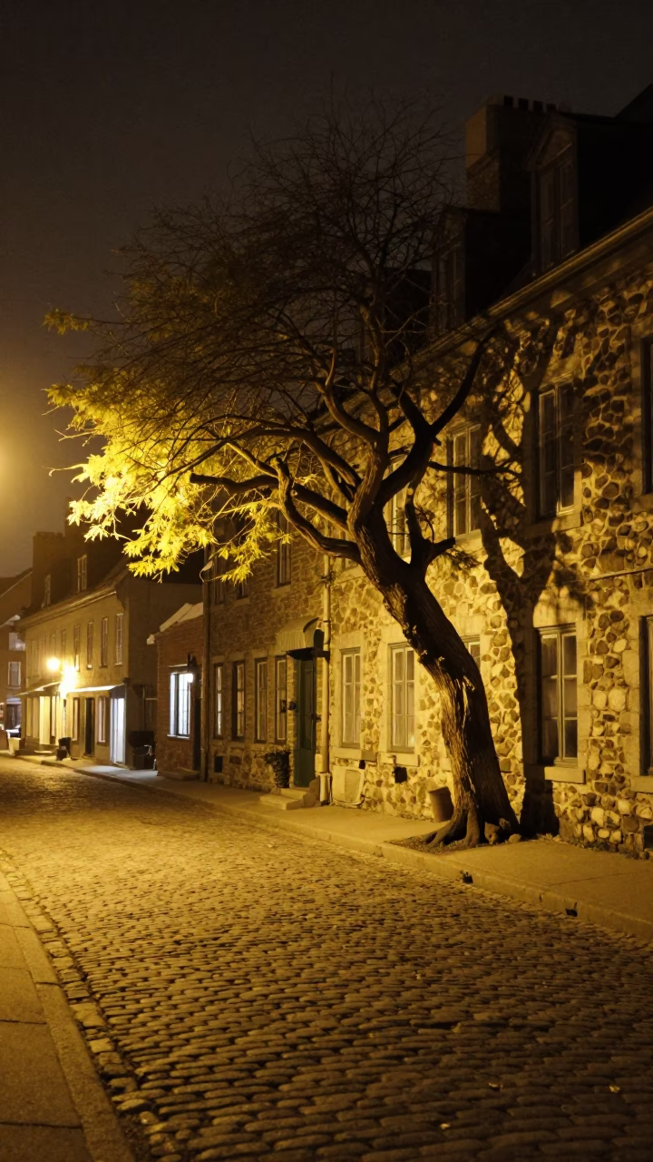 Nighttime Quebec City Cobblestone Street with Twisted Cedar Tree and Urban Details in in Quebec City, Quebec, Canada