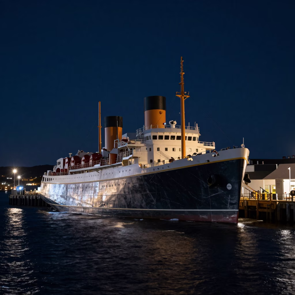 Nighttime Quebec City Harbor Steamship Listing in Swell Under Deep Sky in in Quebec City, Quebec, Canada