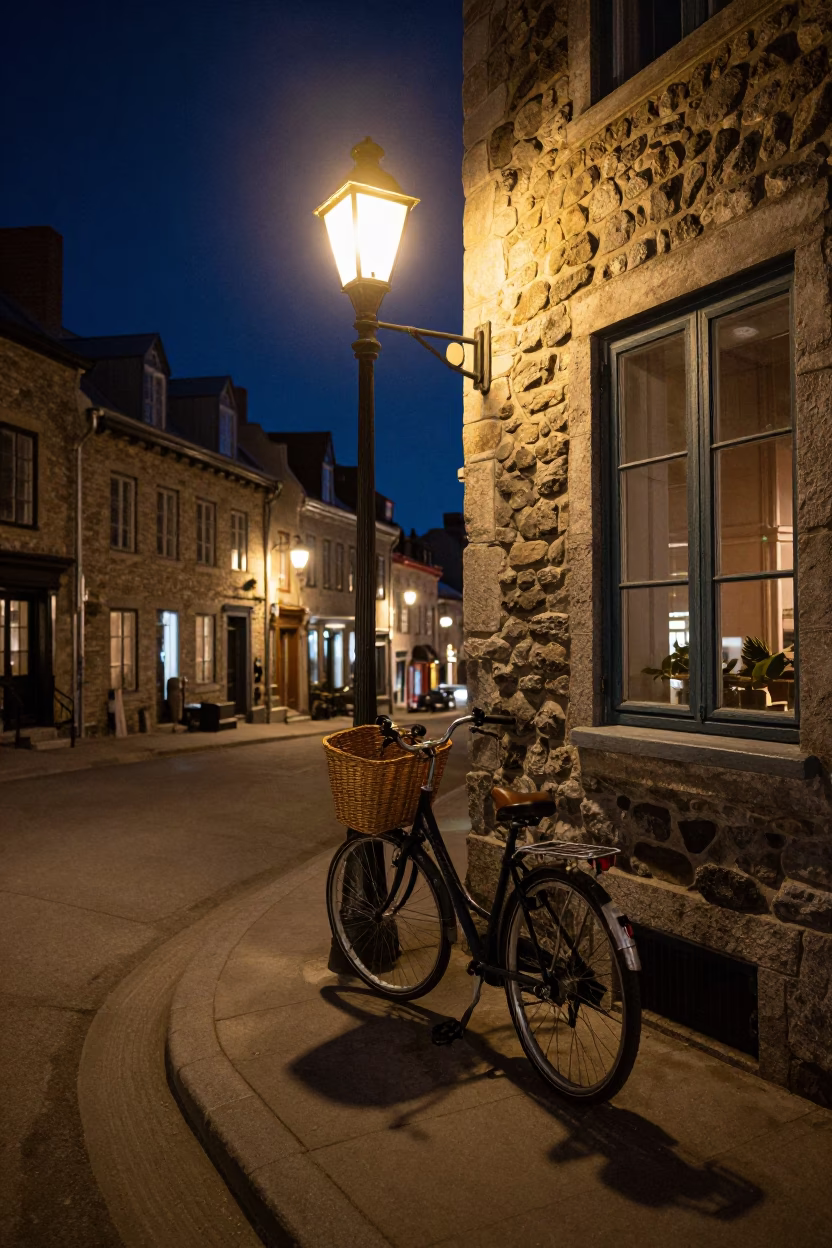 Nighttime Quebec City Street Scene with Bicycle Basket and Window Box in in Quebec City, Quebec, Canada