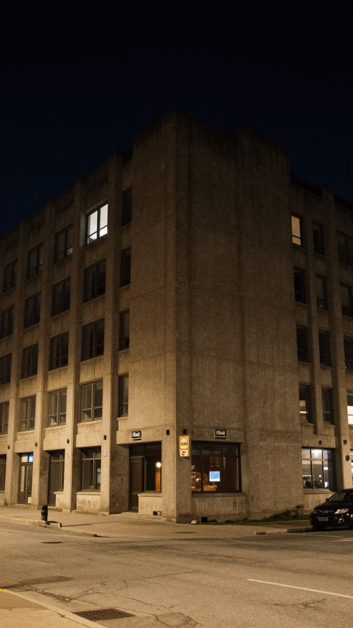 Nighttime Quebec City Street Scene with Concrete Brutalist Architecture and Historic Charm in in Quebec City, Quebec, Canada