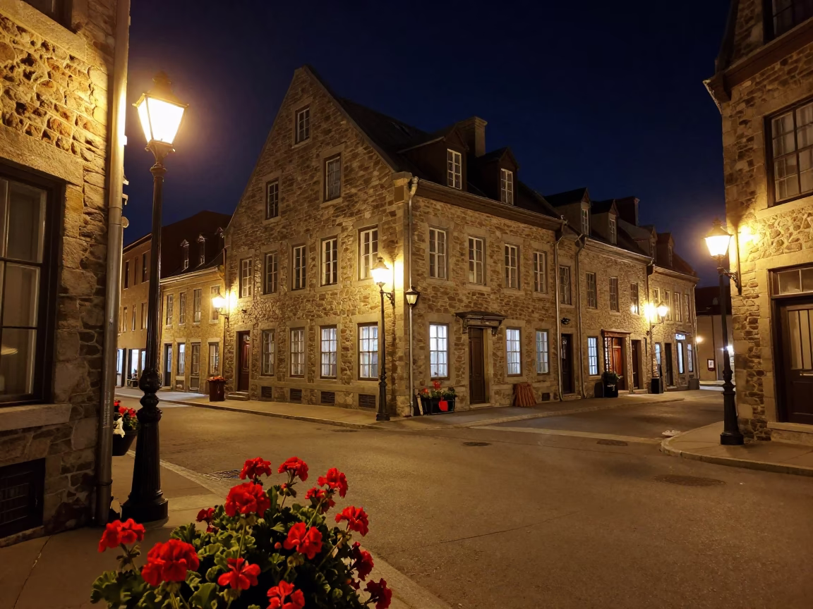 Nighttime Quebec City Street Scene with Geraniums and Vintage Architecture in in Quebec City, Quebec, Canada