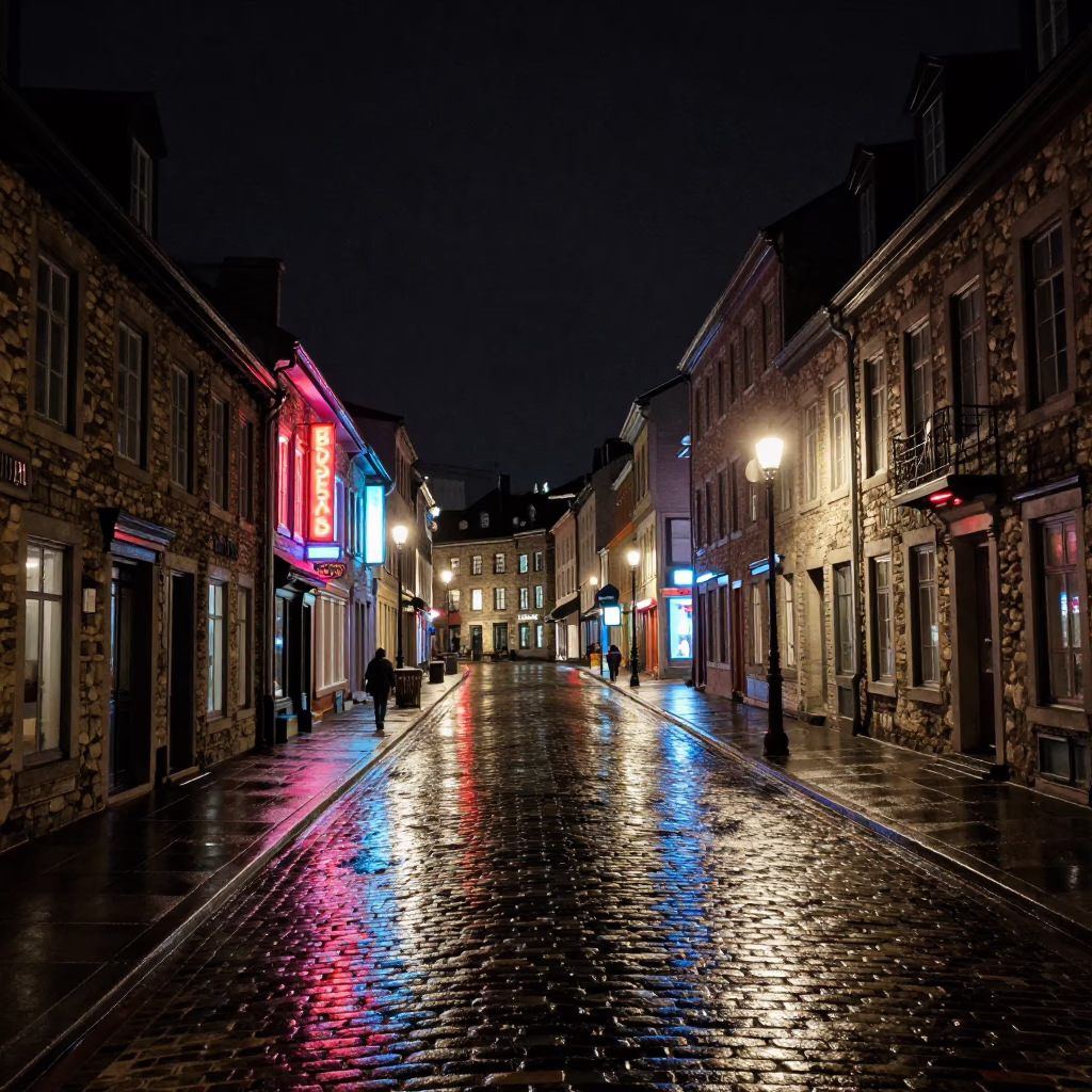 Nighttime Quebec City Street Scene with Neon Reflections and Urban Architecture in in Quebec City, Quebec, Canada