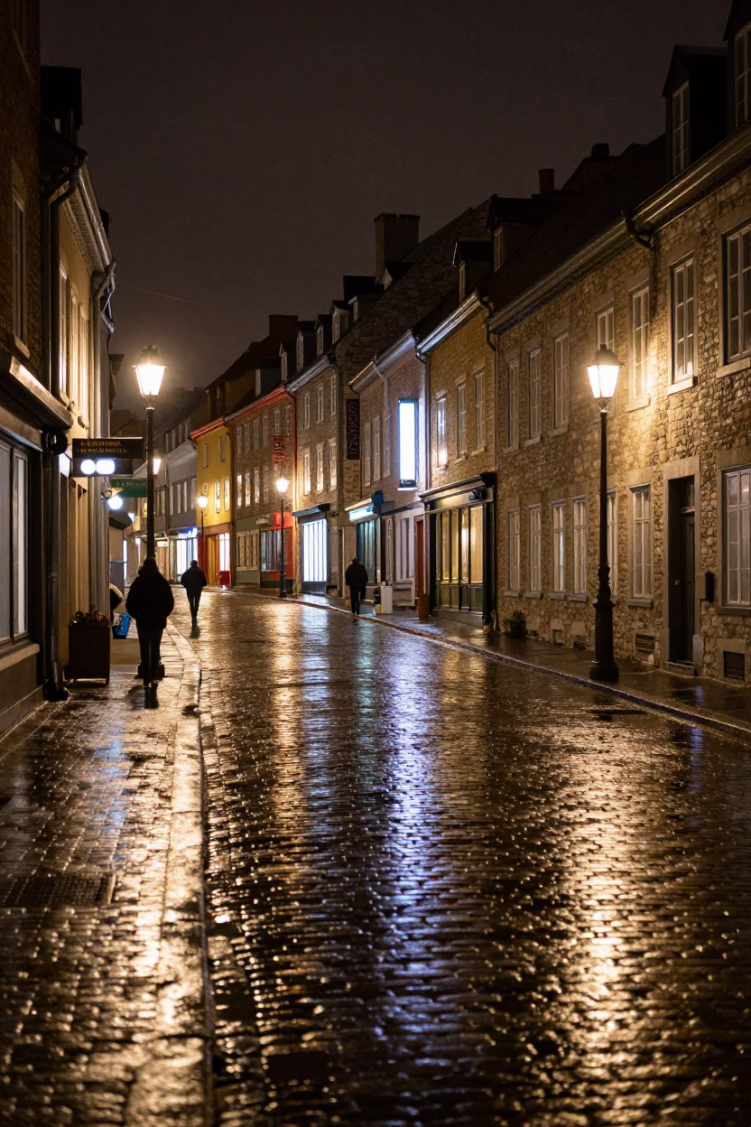 Nighttime Quebec City Street Scene with Neon Reflections and Urban Details in in Quebec City, Quebec, Canada