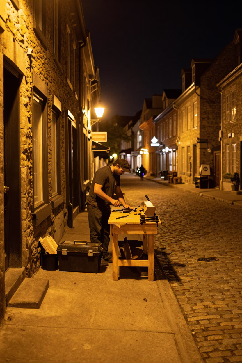 Nighttime Quebec City Street Scene with Toolbox and Workbench Lighting in in Quebec City, Quebec, Canada