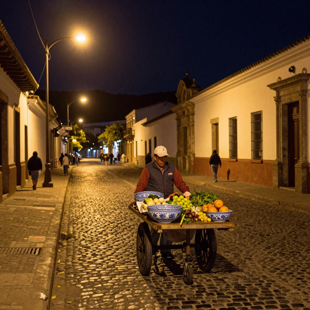 Nighttime Quito Ecuador Street Scene with Blue White Porcelain Bowl and Ladder Back Chair in in Quito, Ecuador