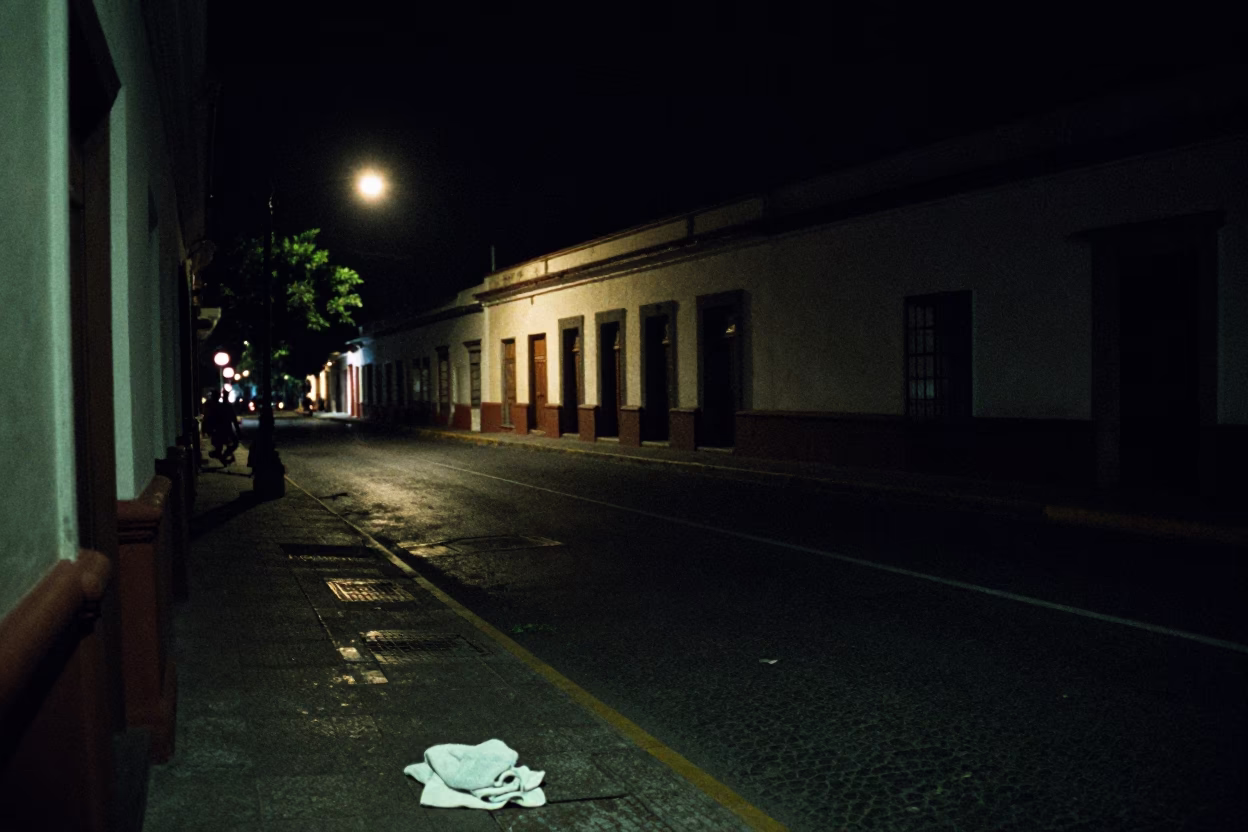 Nighttime Quito Ecuador Street Scene with Glass Edge and Towel Hook Details in in Quito, Ecuador