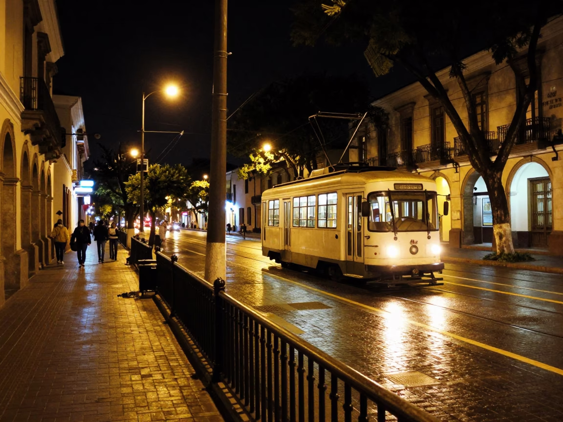 Nighttime Quito Ecuador Street Scene with Tramcar and Stair Rail in in Quito, Ecuador