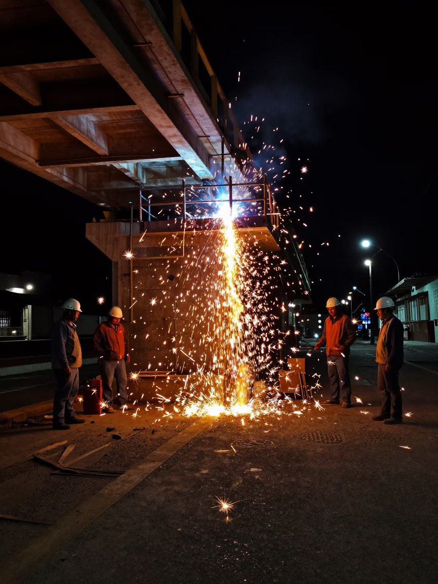 Nighttime Quito Ecuador Street Scene with Welding Sparks Under Bridge Construction Platform in in Quito, Ecuador