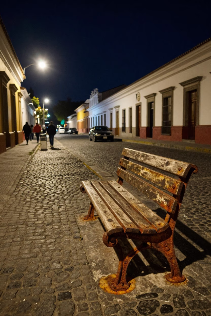 Nighttime Quito Street Scene with Rusty Bench and Local Interaction in Ecuador in in Quito, Ecuador