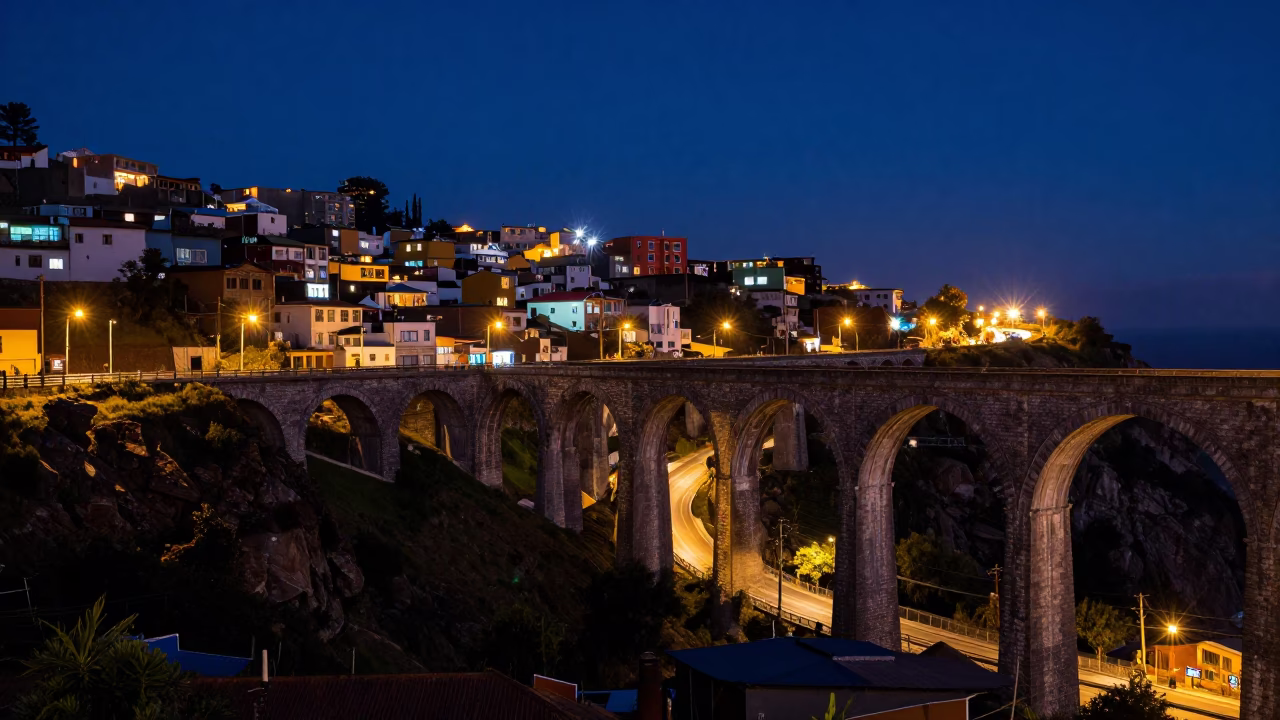 Nighttime Railway Viaduct Arches Spanning Valparaiso Chile Valley Under Deep Sky in in Valparaiso, Chile