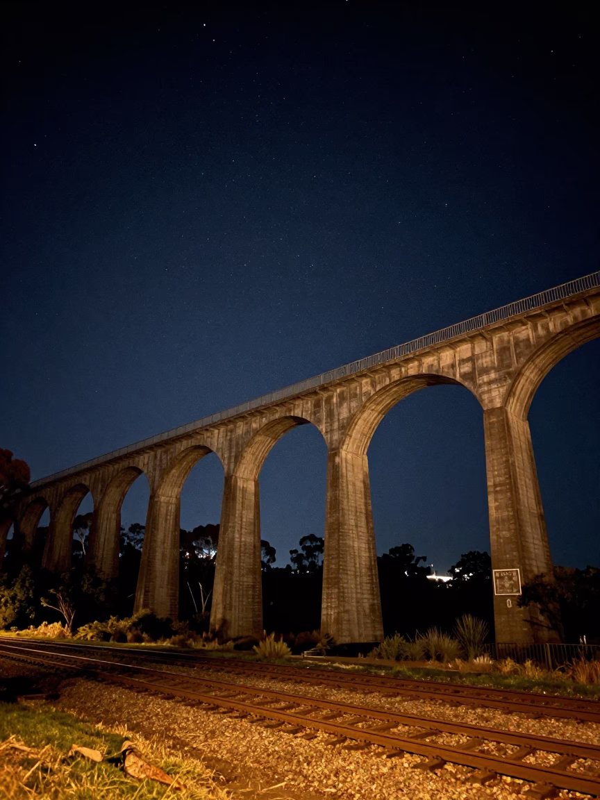 Nighttime Railway Viaduct in Perth Western Australia with Water Rings on Tracks in in Perth, Western Australia, Australia