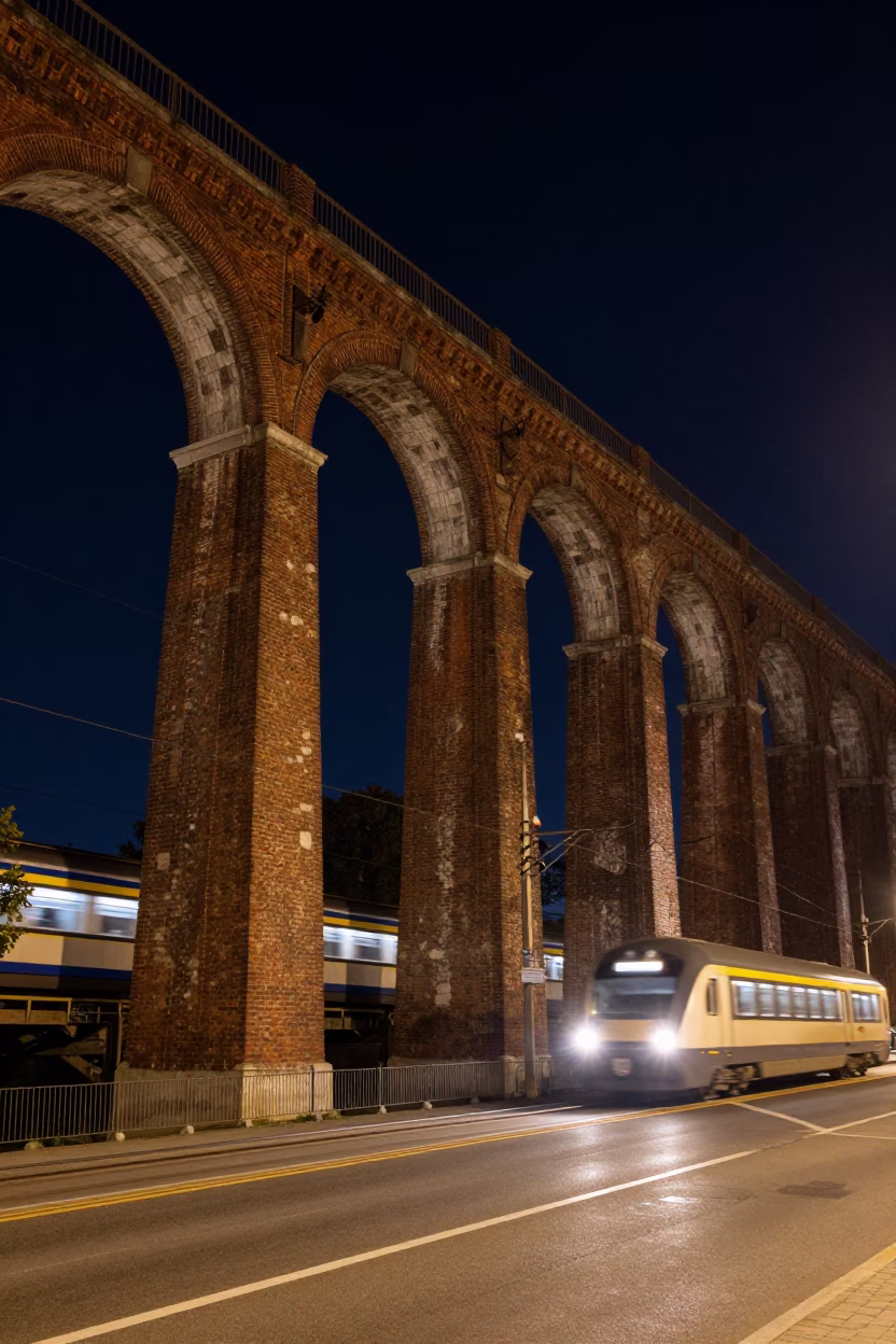 Nighttime Railway Viaduct with Passing Train Illuminating Krakow Street Level in in Krakow, Poland