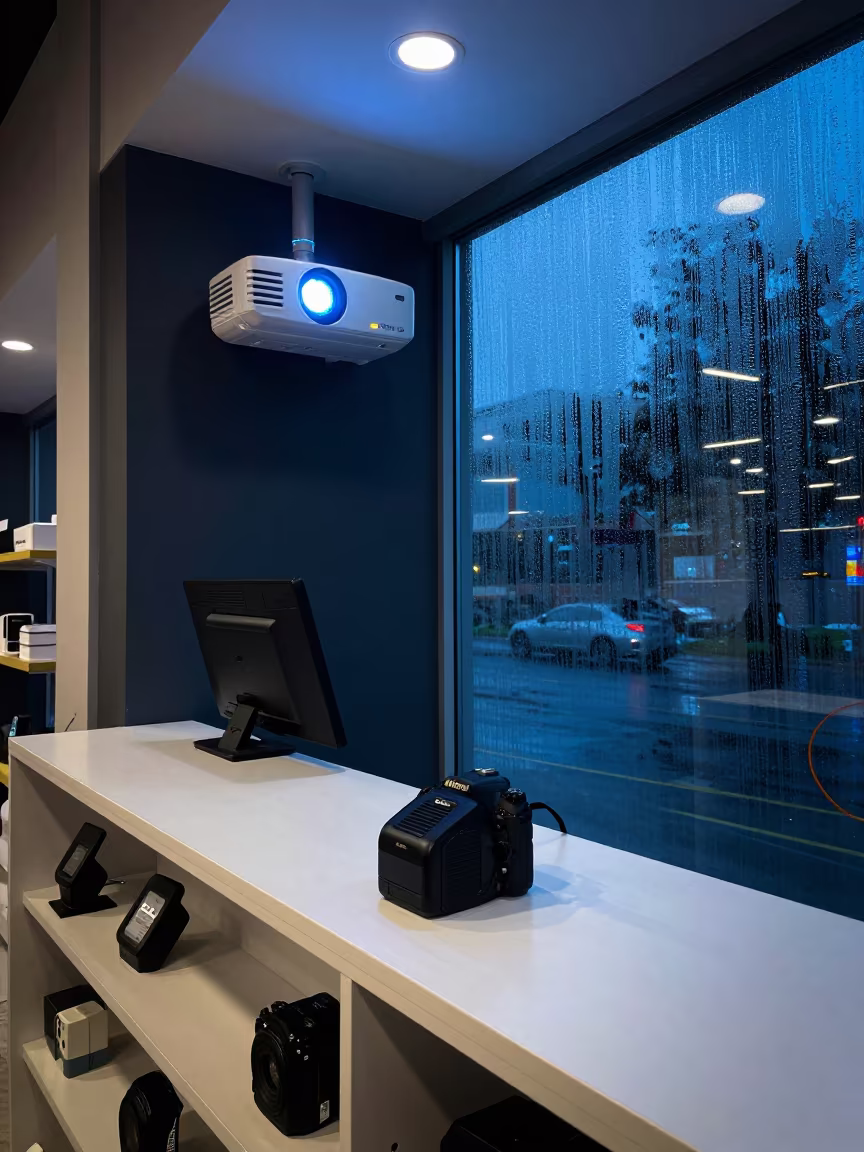 Nighttime Retail Pager Charger Ordu Service Desk in inside a retail floor display area near Ordu