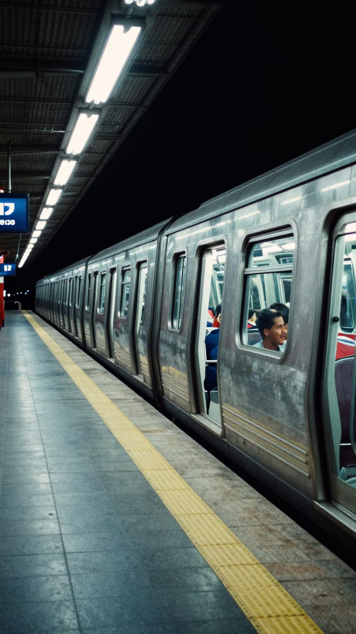 Nighttime Rio de Janeiro Metro Train Arrival at Art-Adorned Station Platform in in Rio de Janeiro, Brazil