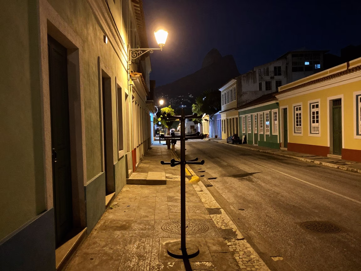 Nighttime Rio de Janeiro Street Scene with Coat Stand and Urban Details in in Rio de Janeiro, Brazil