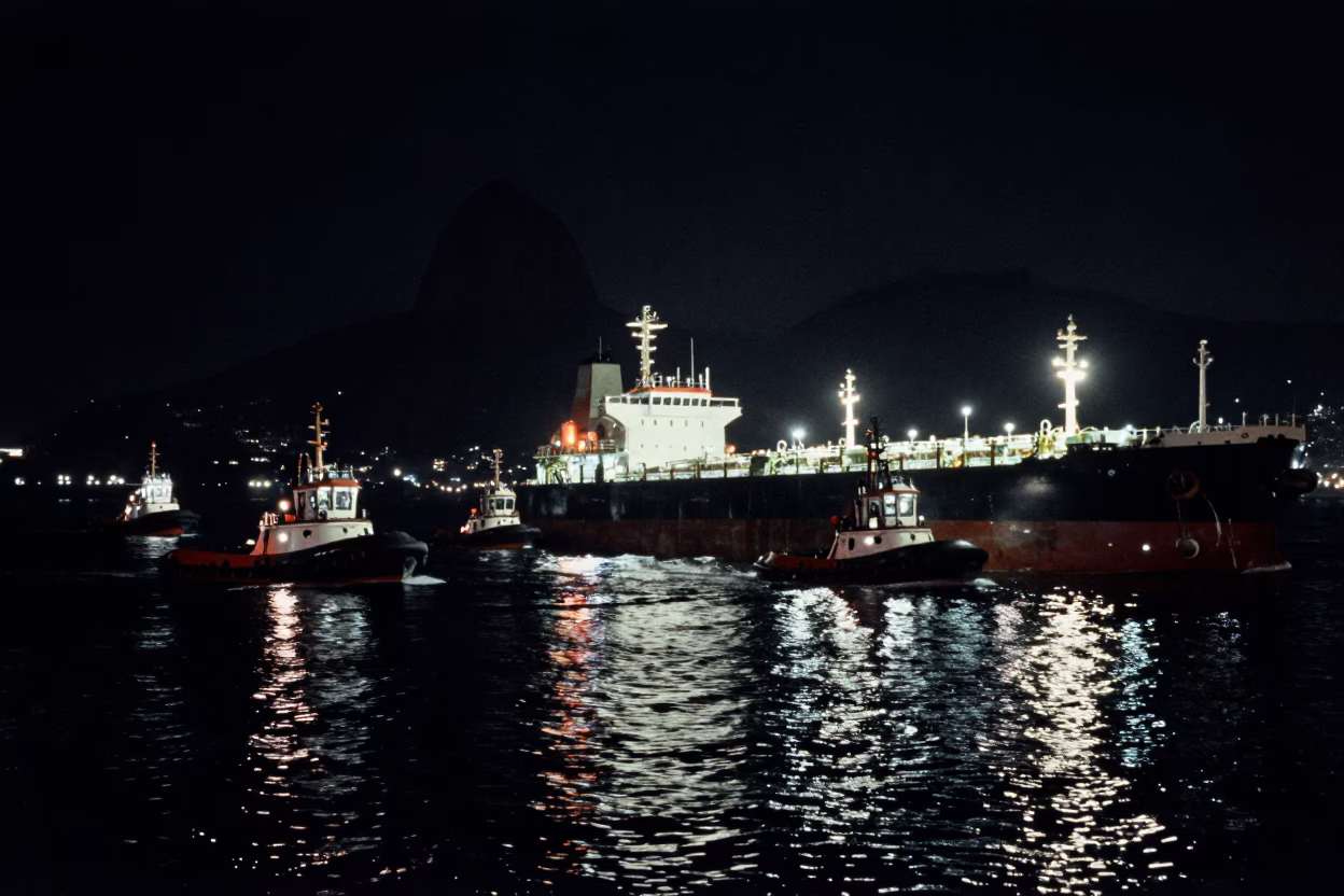 Nighttime Rio Harbor Tugboat Fleet Guiding Tanker Under Deep Sky in in Rio de Janeiro, Brazil